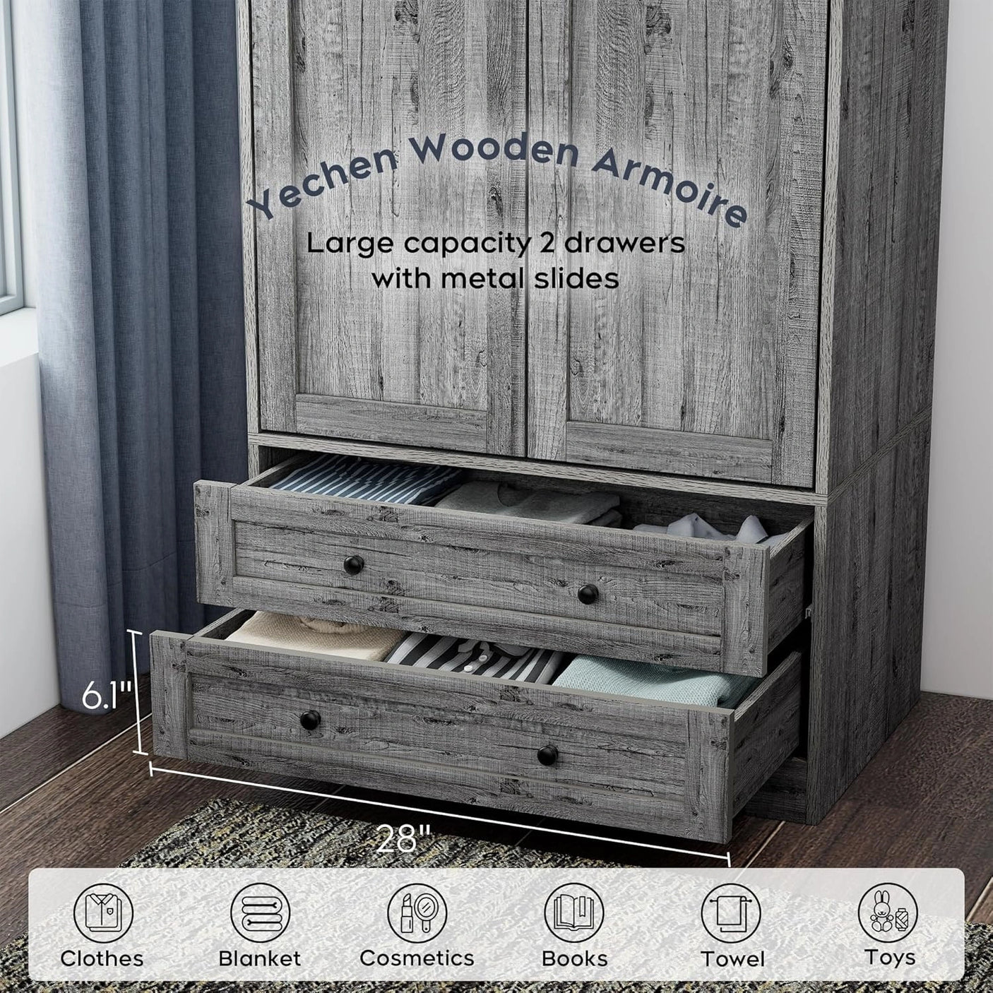 YECHEN 71" Modern Armoire Wardrobe: All-in-One Storage with 2 Drawers & Adjustable Shelves