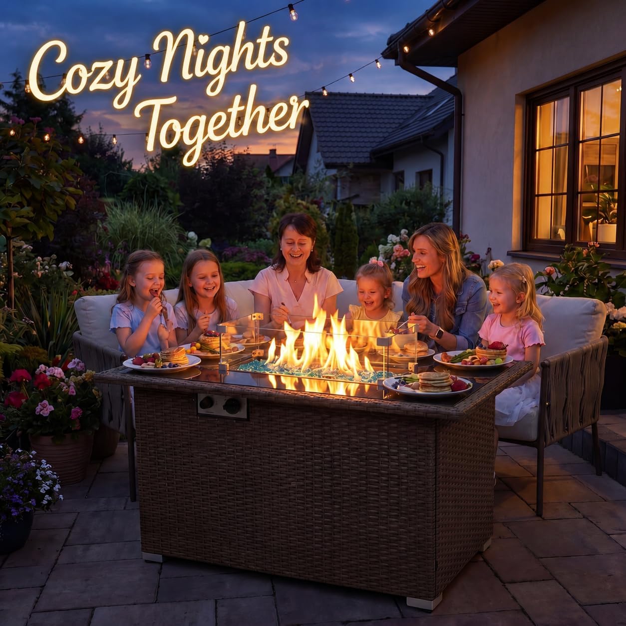 44" Propane Fire Pit Table, 50,000 BTU Outdoor Wicker Gas Fire Table with Glass Wind Guard & Auto Ignition, ETL Certified, Light Brown