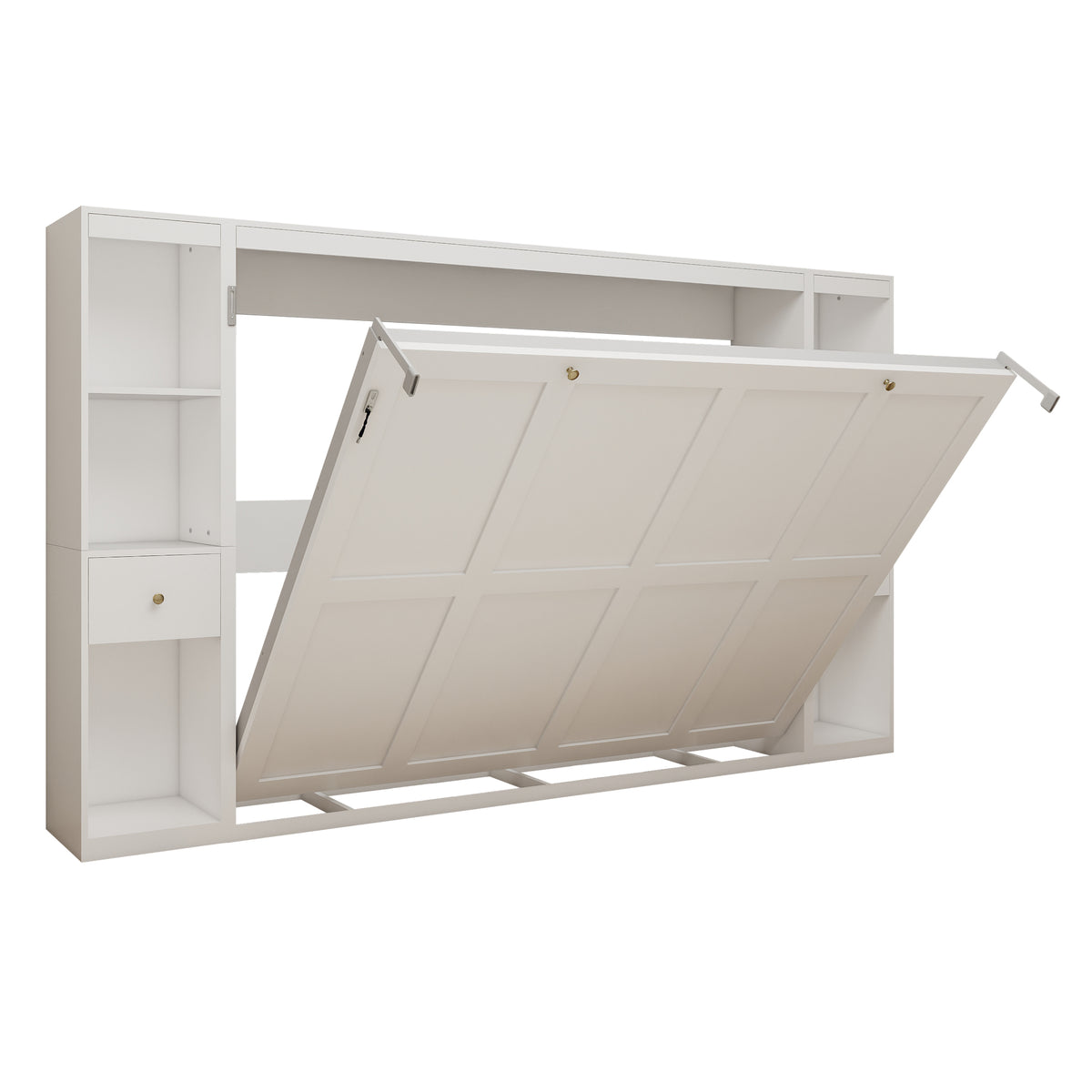 Queen Horizontal Murphy Bed with Storage Cabinets – White