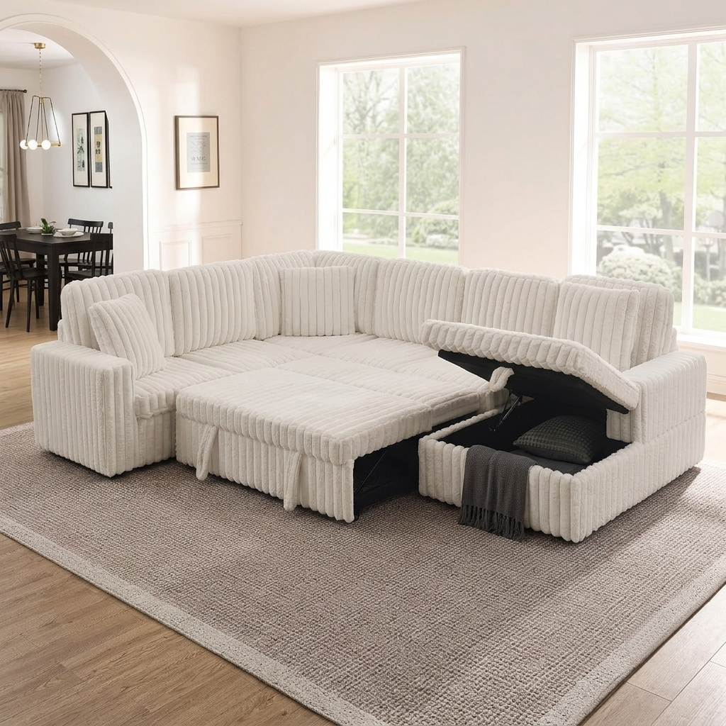 114" U-Shaped Sectional Sofa with Pull-Out Bed, Storage Chaise & USB Ports | Plush Corduroy, Seats 7