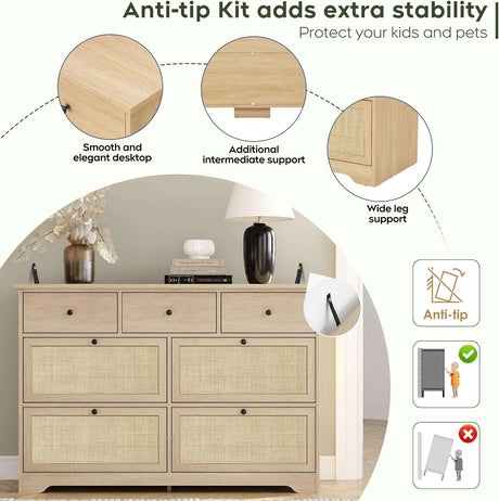 7 Drawer Natural Rattan Dresser - Boho Mid-Century Modern Bedroom Storage