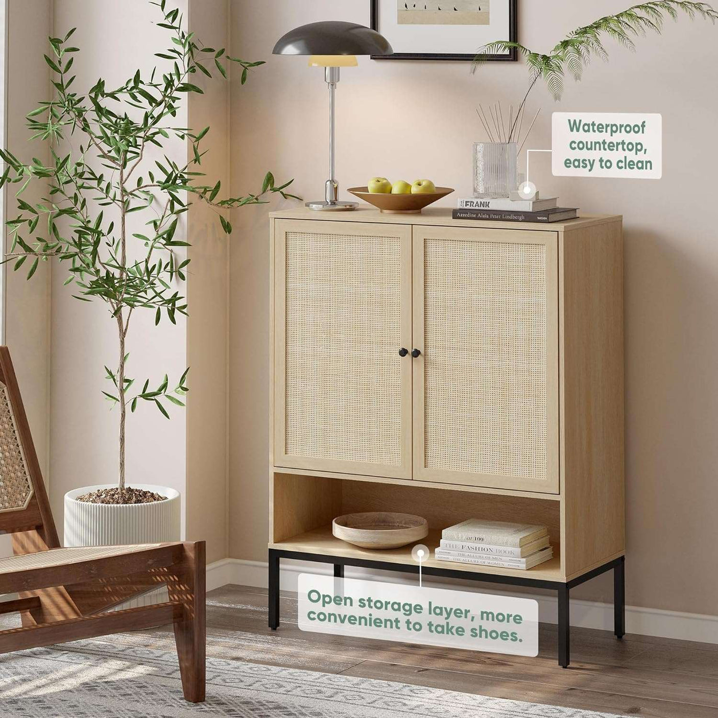 5-Tier Natural Rattan Entryway Shoe Storage Cabinet with Doors