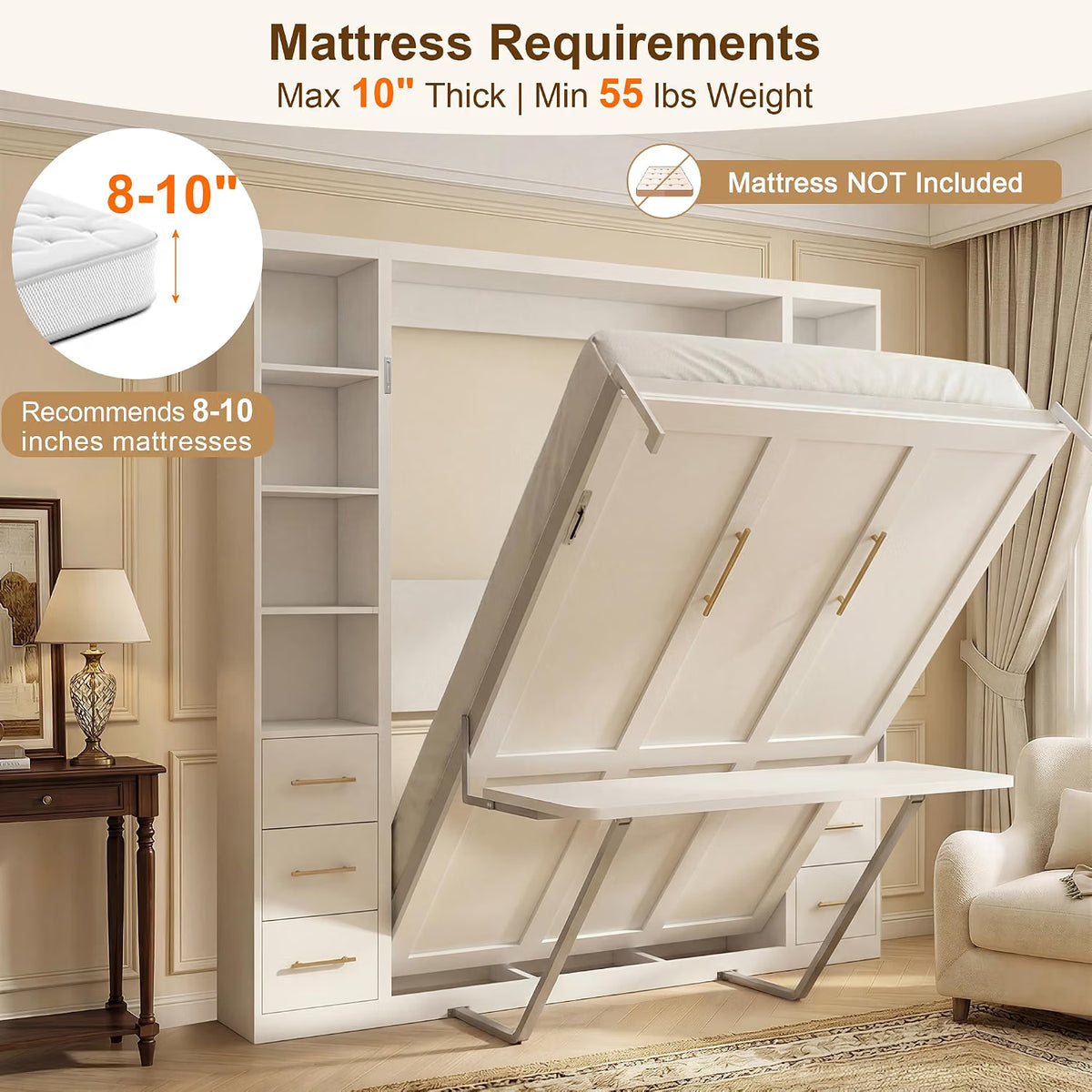 White Queen Murphy Bed with Desk & Dual Cabinets | Yechen Home