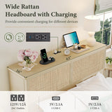 Boho Rattan Queen Beds with Charging Station Headboard