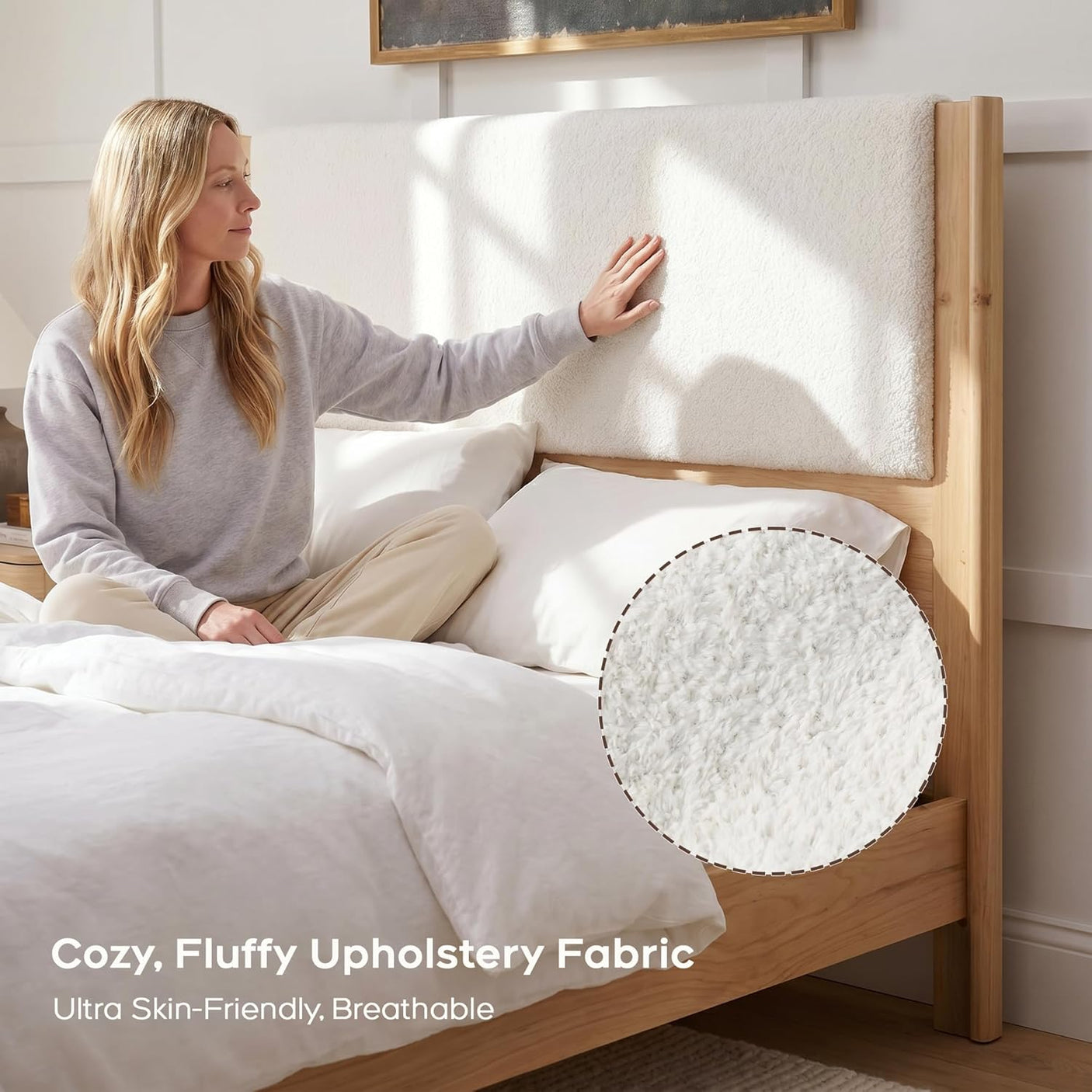 Yechen Wingback Bed Frame | Boucle & Solid Pine | Queen | No Box Spring | Off White