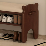 Yechen Bear Shoe Bench, Solid Wood Entryway Bench with Cushion & 2-Tier Shoe Rack