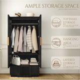 Yechen 67" Fluted Black Armoire Wardrobe with Doors & Drawer - Modern Wood Closet Cabinet