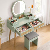 Vanity Desk Set with LED Mirror and Stool, 31" Boho Rattan Makeup Vanity Table, 3-Mode Lighted Mirror, 4 Drawers, Mint, Space-Saving for Bedroom