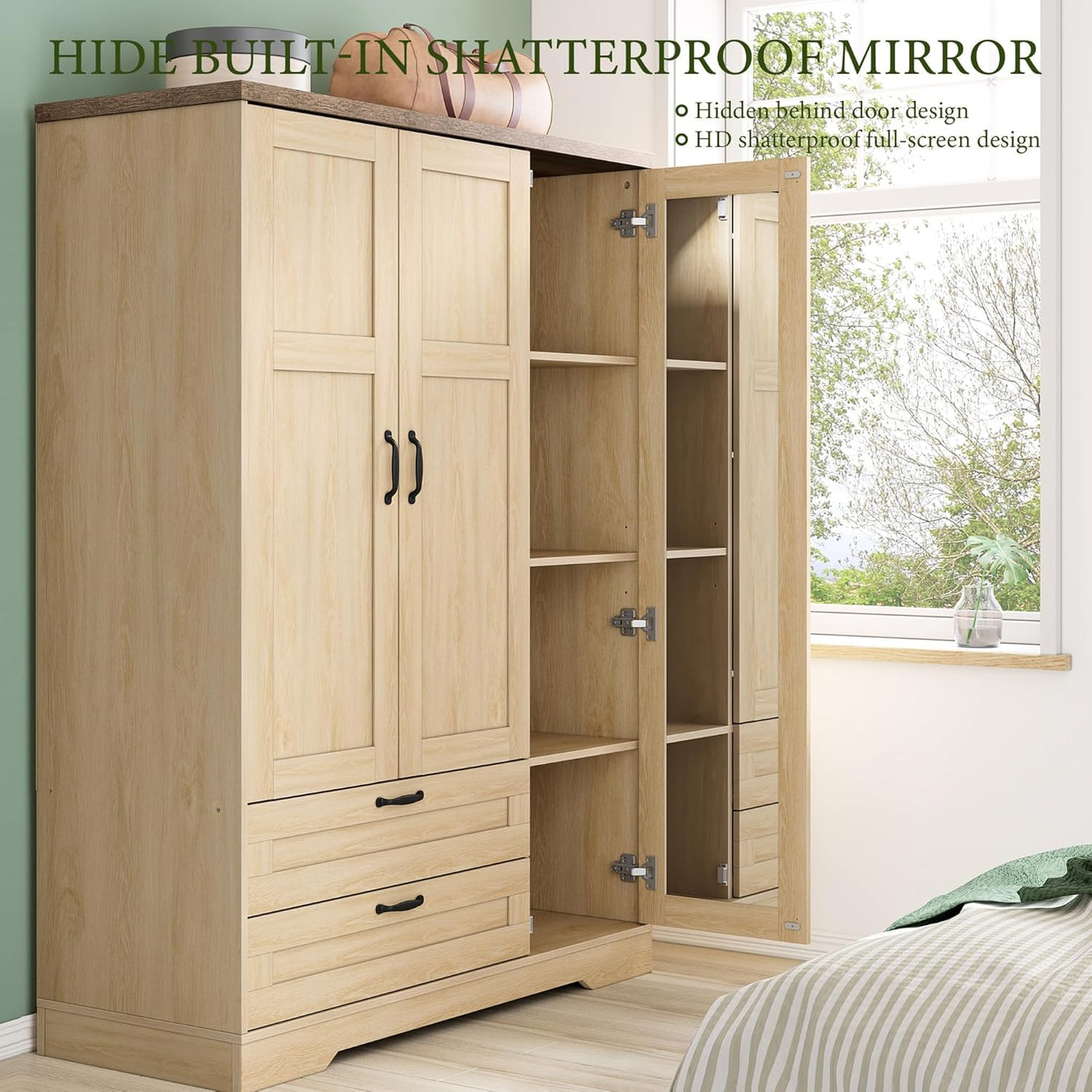 Yechen 3-Door Wooden Wardrobe Closet with Mirror, Drawers & Shelves, Farmhouse Armoire for Bedroom