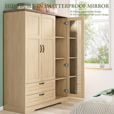 Yechen 3-Door Wooden Wardrobe Closet with Mirror, Drawers & Shelves, Farmhouse Armoire for Bedroom