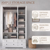 Yechen 71" 3-Door Wooden Armoire Wardrobe Closet with Mirror, 4 Drawers & Adjustable Shelves | White Farmhouse Bedroom Cabinet