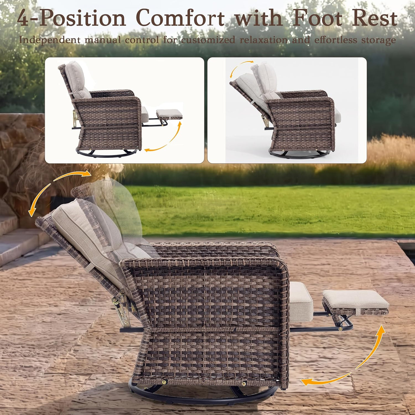 Outdoor Swivel Chair Set | PE Wicker Patio Conversation Set with Cushions | Beige