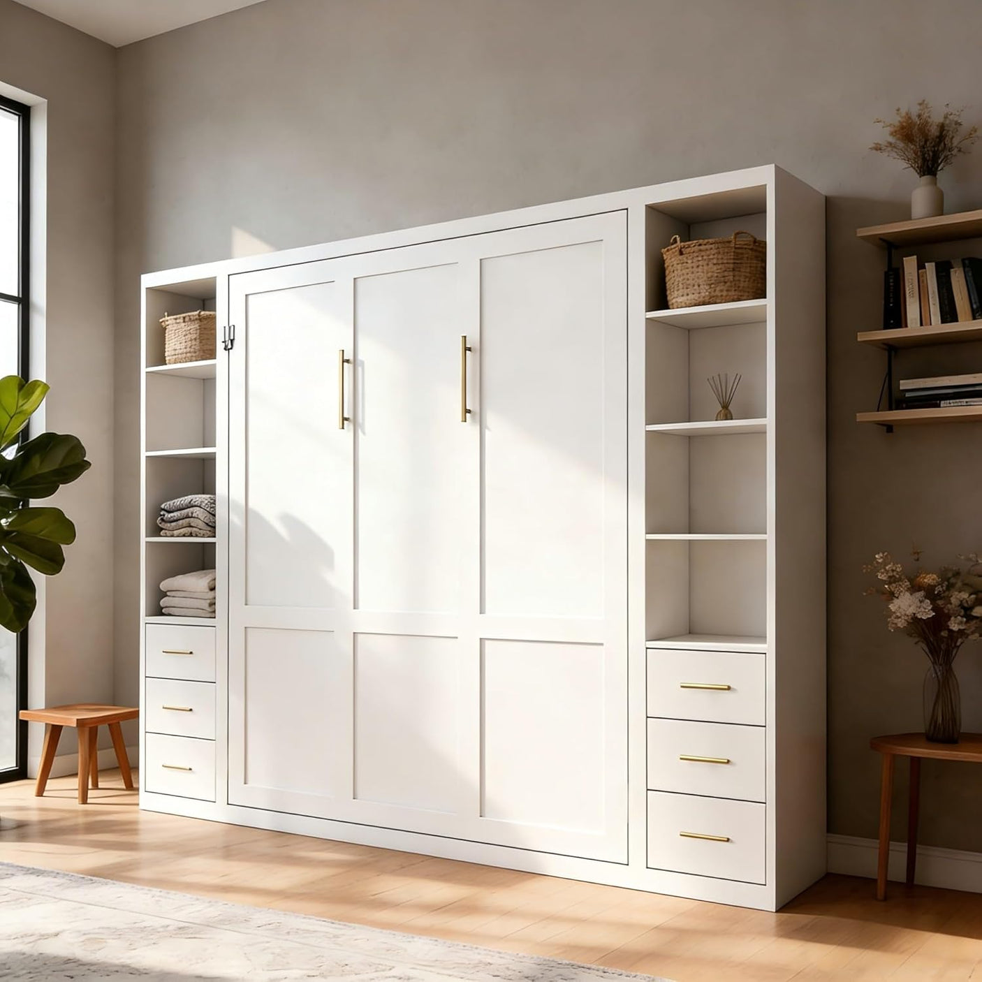 Queen Murphy Bed with Dual Side Storage Cabinets & Bookshelves | Space-Saving Wall Bed | Yechen Home