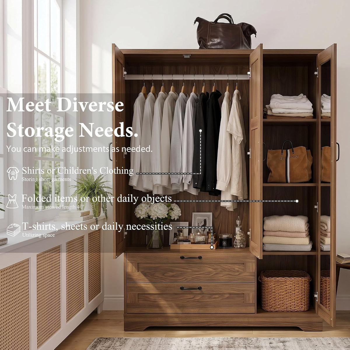 62" Walnut Armoire Wardrobe with Mirror, 3 Doors & 2 Drawers