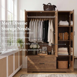 62" Walnut Armoire Wardrobe with Mirror, 3 Doors & 2 Drawers