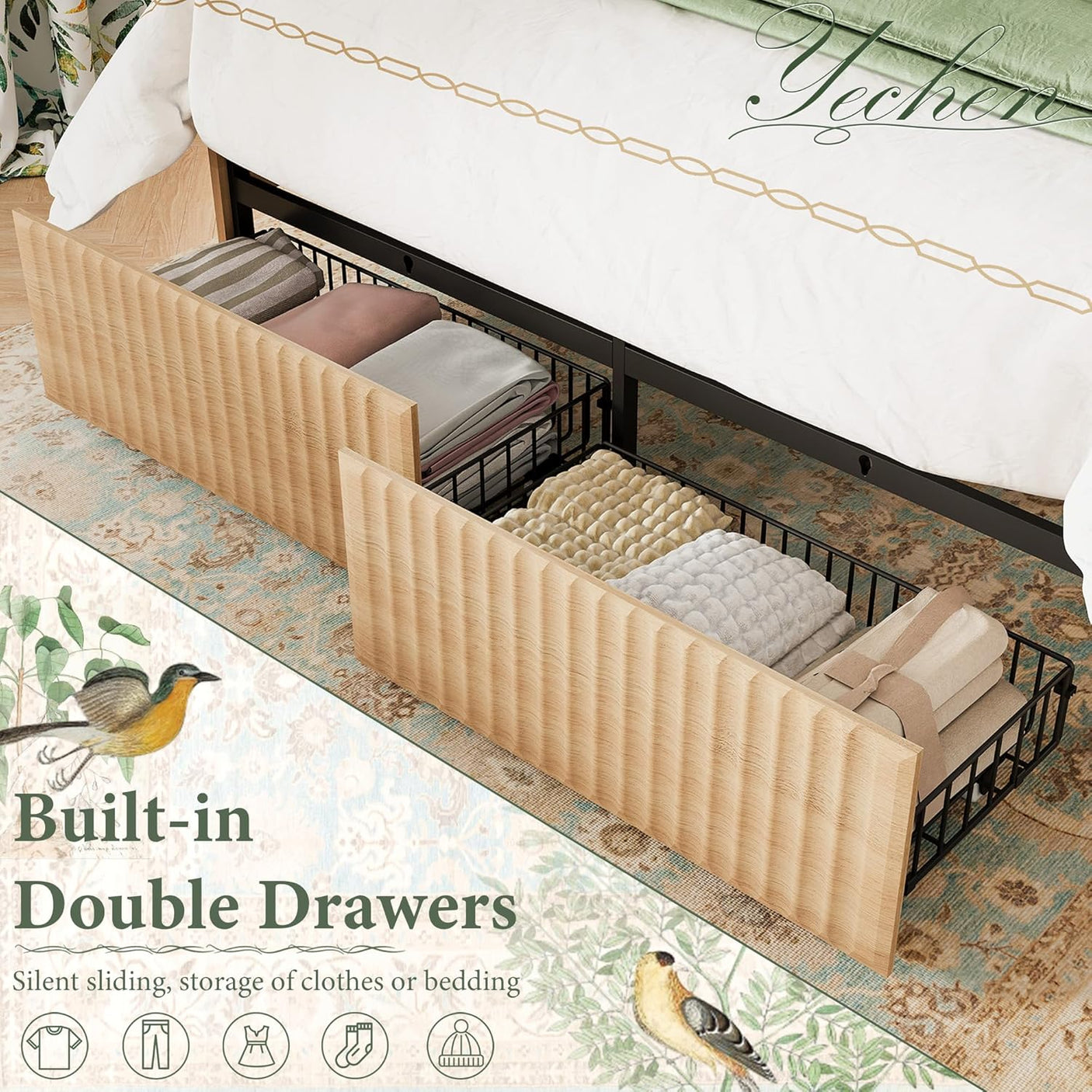 Boho Bed Frame with 55" Tall Fluted Headboard, Storage Drawers & Charging Station | Full & Queen