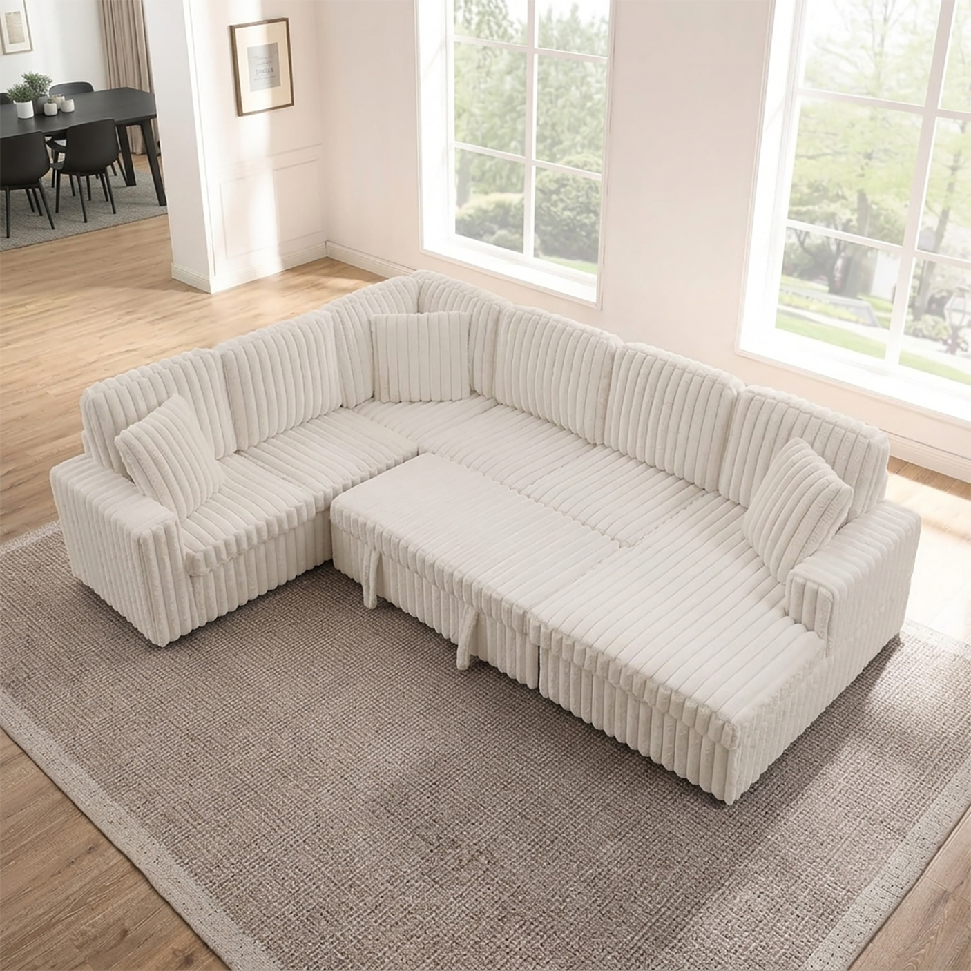 114" U-Shaped Sectional Sofa with Pull-Out Bed, Storage Chaise & USB Ports | Plush Corduroy, Seats 7