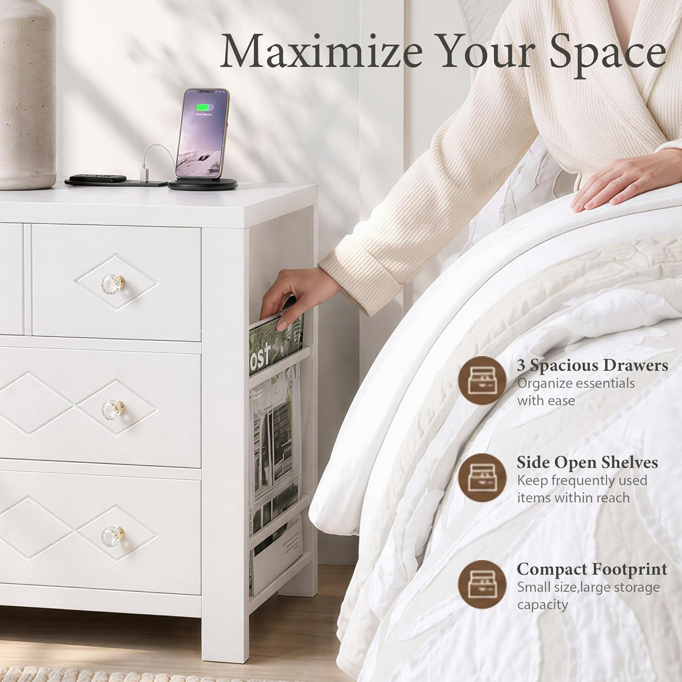 Yechen 3-Drawer Nightstand with USB-C & AC Outlets | Crystal Handles | White & Black