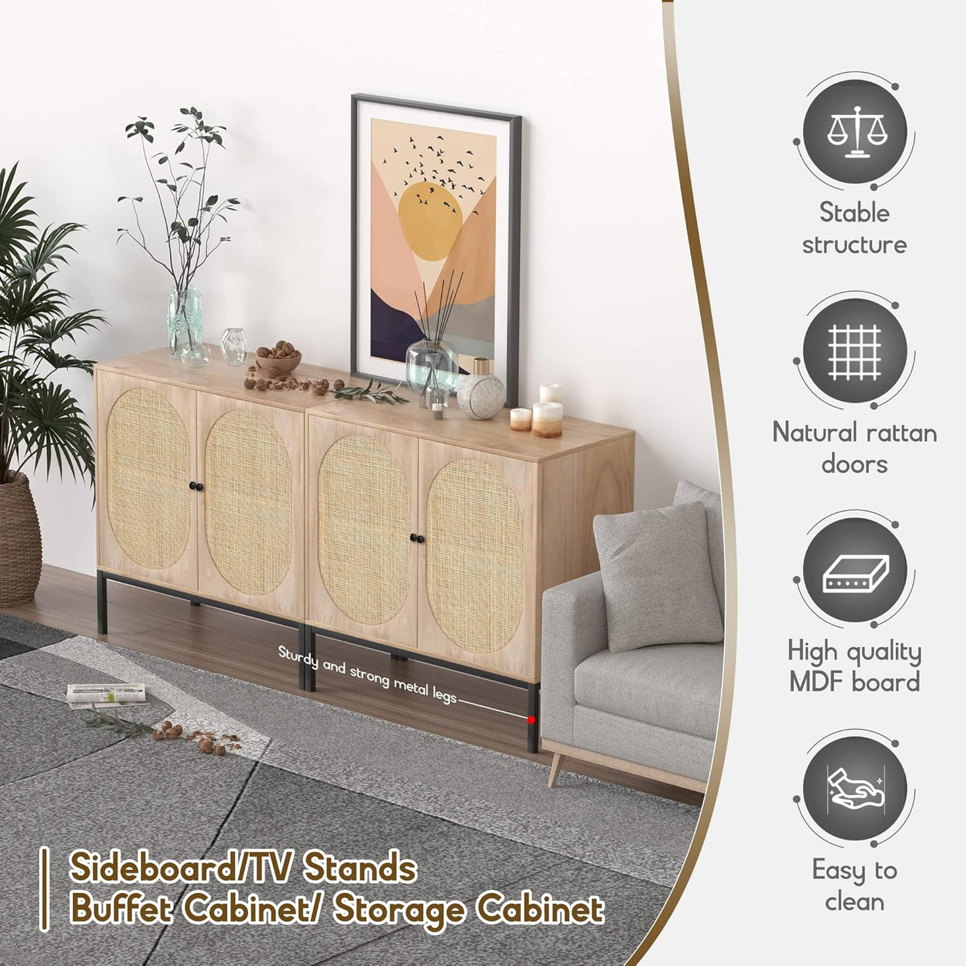 Natural Rattan Oval Sideboard Cabinet | Boho Buffet with Handwoven Doors & Adjustable Shelves