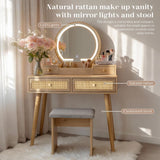 Yechen Boho Rattan Vanity Desk with Stool & LED Mirror | Compact Makeup Table for Small Spaces