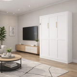 Queen Murphy Bed | White Wall Bed with Grey Slat Frame | Space-Saving Foldable Bed | Yechen Home