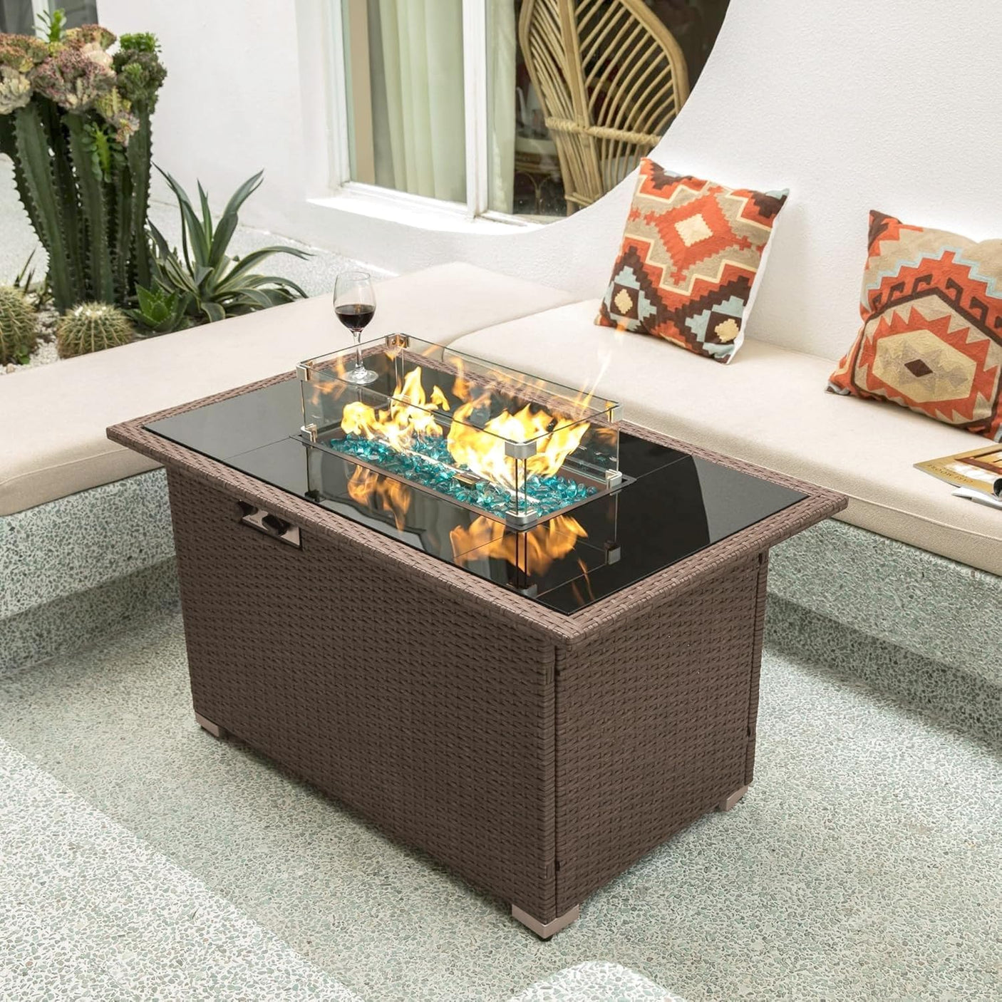 44" Propane Fire Pit Table, 50,000 BTU Outdoor Wicker Gas Fire Table with Glass Wind Guard & Auto Ignition, ETL Certified, Light Brown