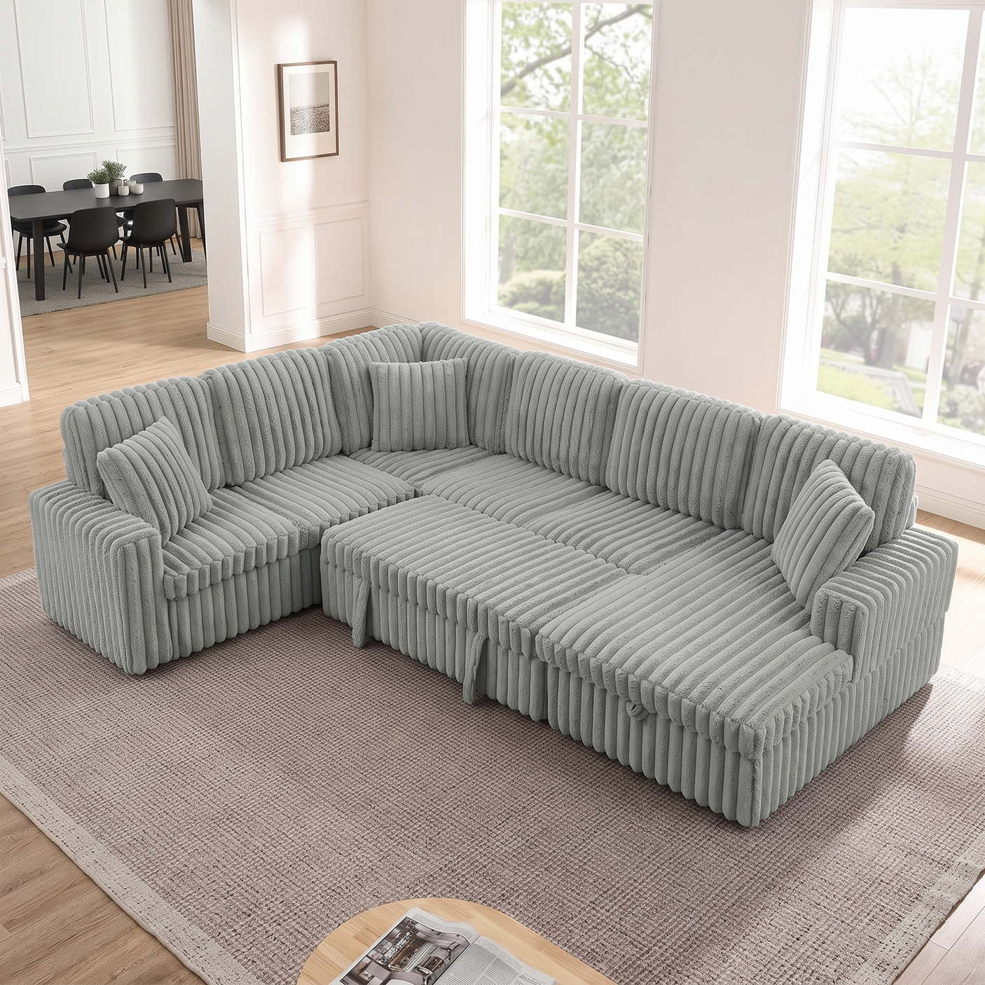 114" U-Shaped Sectional Sofa with Pull-Out Bed, Storage Chaise & USB Ports | Plush Corduroy, Seats 7