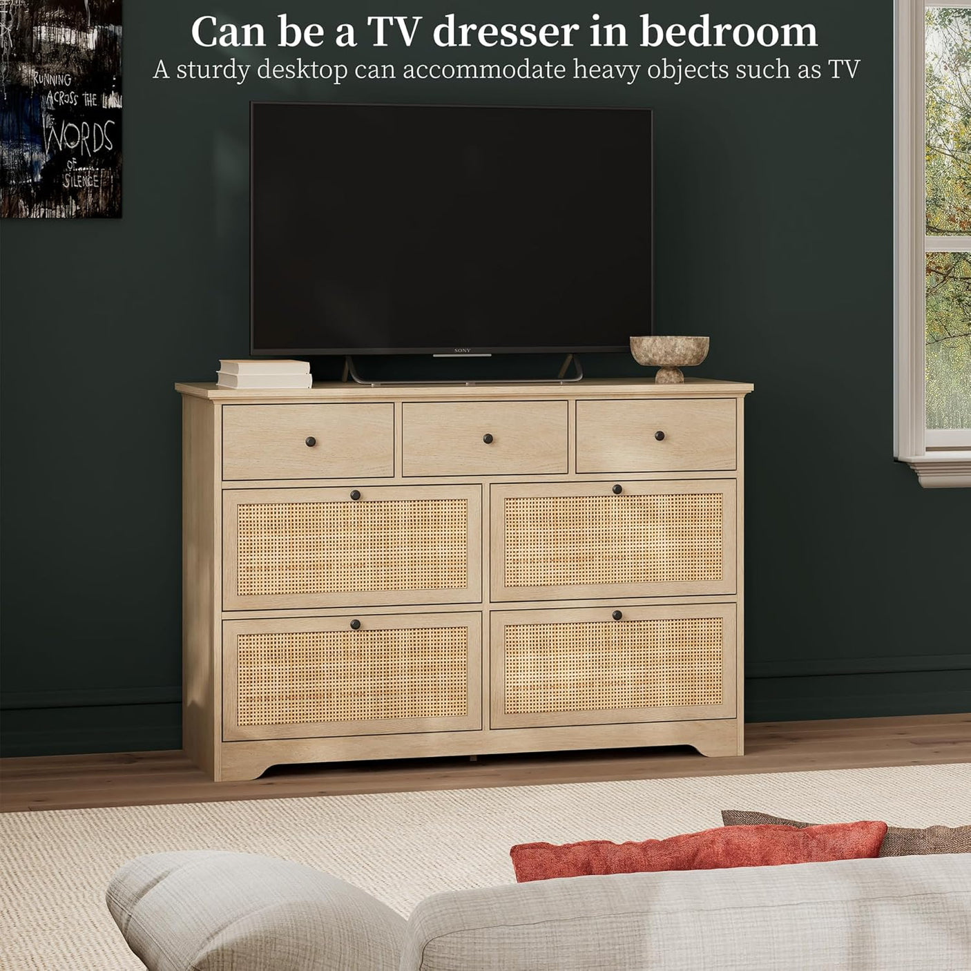 Yechen 47.2'' Wide Rattan Dresser - 7 Drawer Mid-Century Natural Wood Storage Cabinet