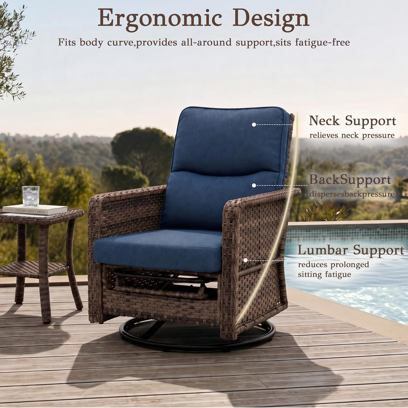 Outdoor Swivel Chair Set | PE Wicker Patio Conversation Set with Cushions | Blue