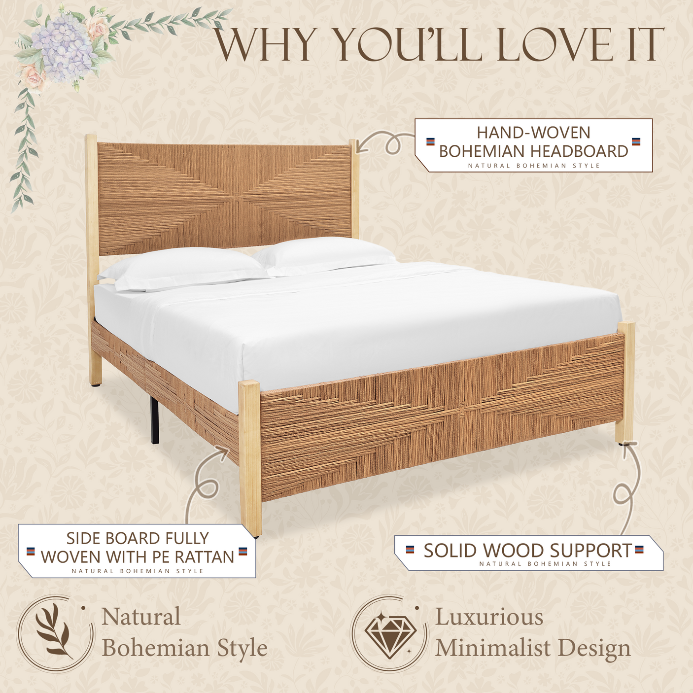 Yechen Solid Wood Rattan Bed Frame | Tall Headboard, Boho Mid-Century Style, No Box Spring Needed