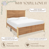 Yechen Solid Wood Rattan Bed Frame | Tall Headboard, Boho Mid-Century Style, No Box Spring Needed
