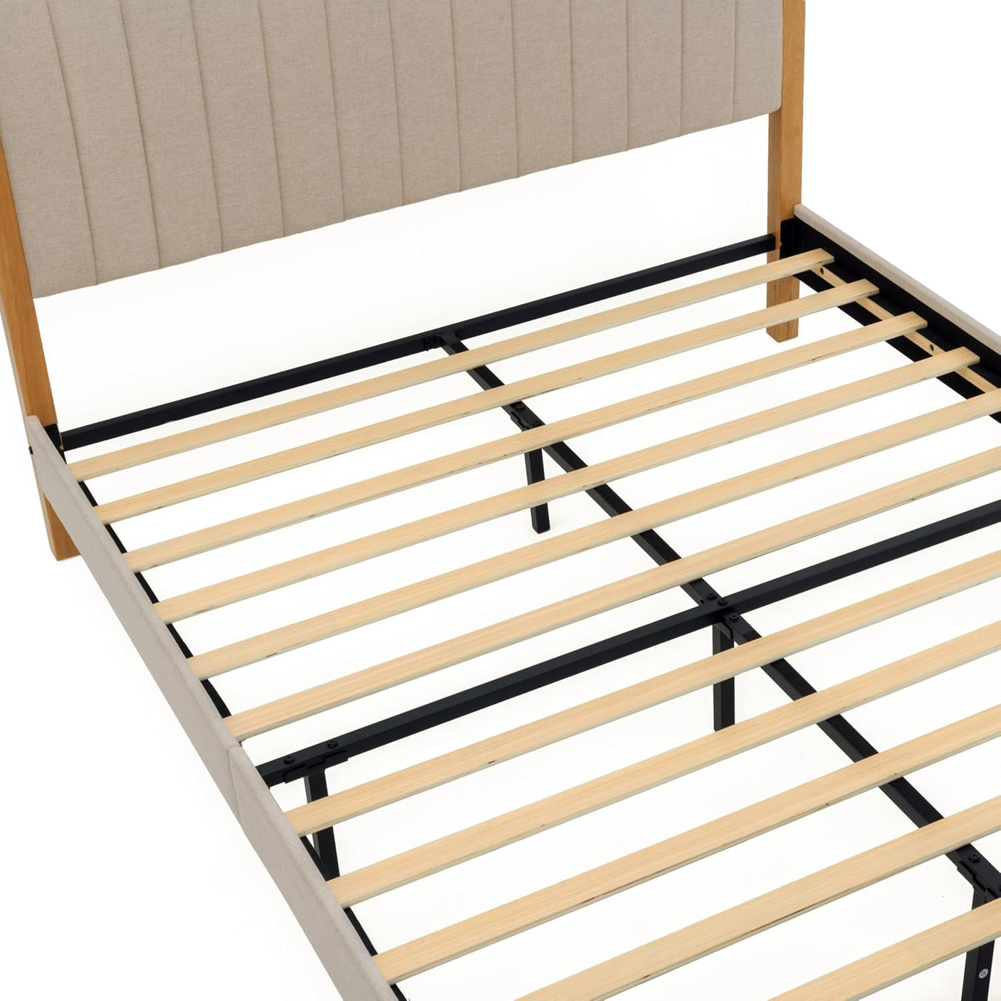 Yechen Queen Bed Frame with Linen Headboard | Platform Bed, Noise-Free Slats, Beige