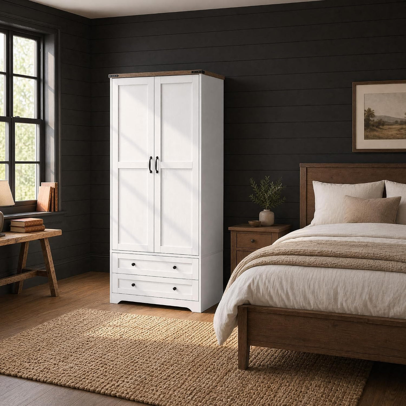 Yechen 71" Armoire Wardrobe Closet with Hanging Rod, Adjustable Shelves & 2 Drawers — White