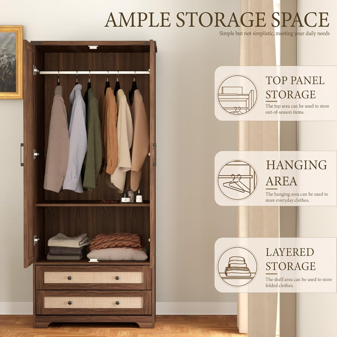 Yechen Walnut Wooden Wardrobe Closet with Rattan Doors, Drawers & Shelves | Farmhouse Armoire for Bedroom