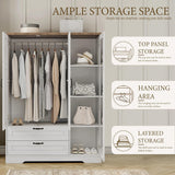 Yechen 3-Door Wooden Wardrobe Closet with Mirror, Drawers & Shelves, Farmhouse Armoire for Bedroom