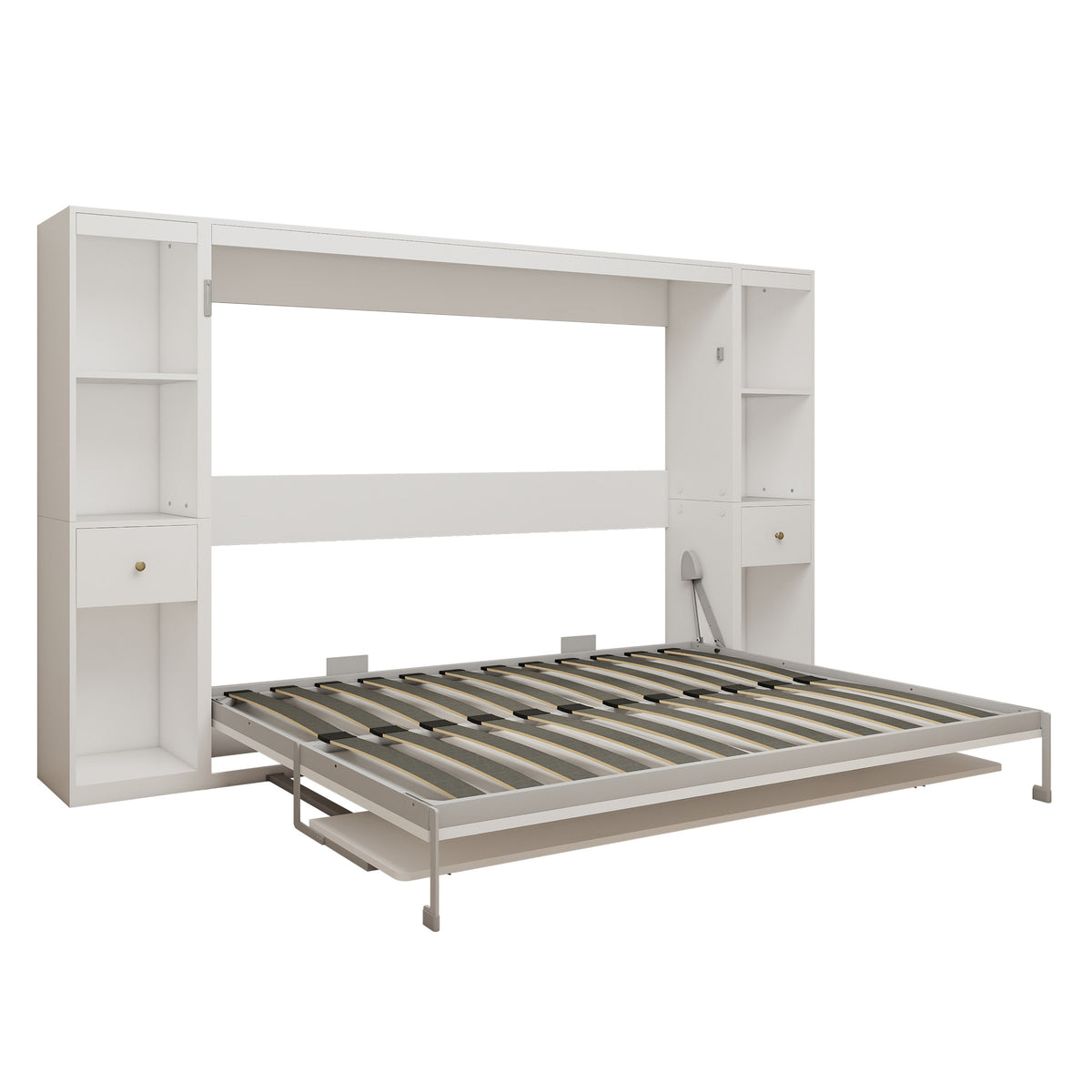 Queen Horizontal Murphy Bed with Desk & Storage – White