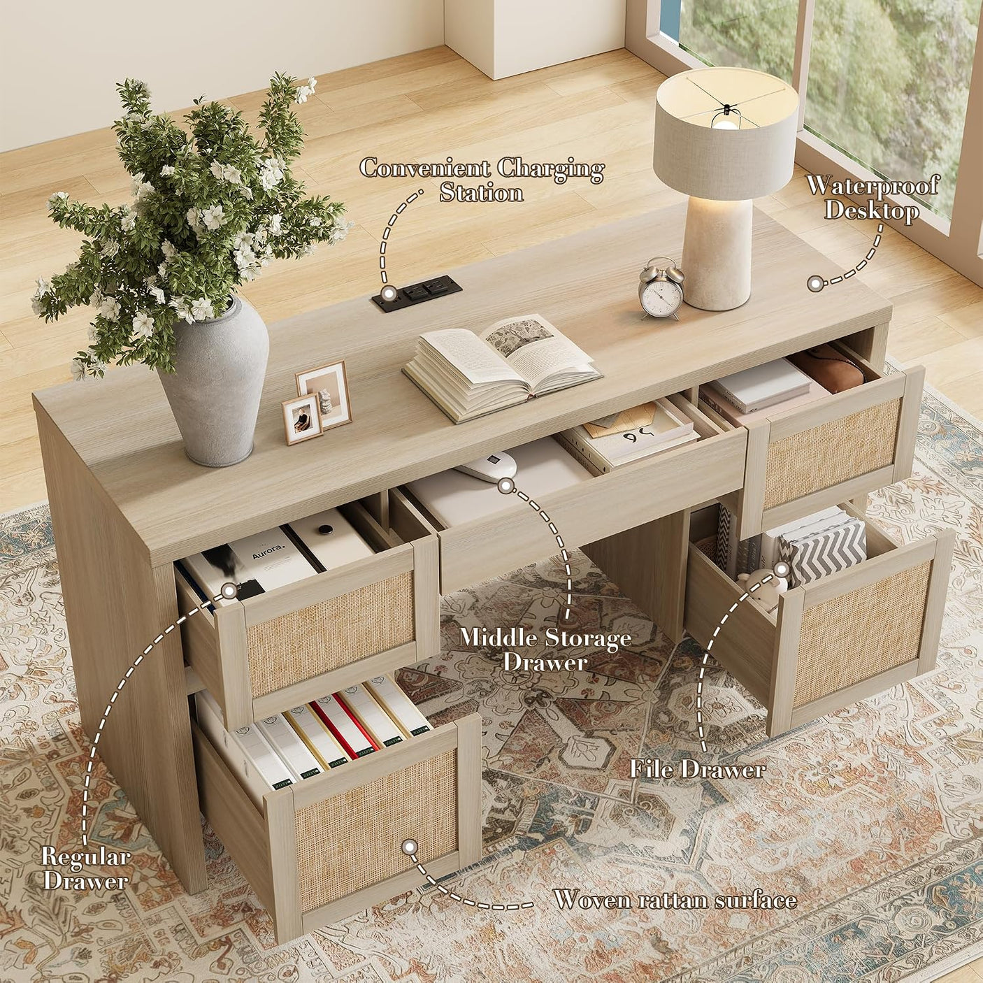 Yechen 57" Rattan Executive Desk — Built-in Charging Station, 5 Drawers & File Cabinet | Farmhouse Home Office