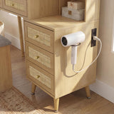 Rattan Makeup Vanity Set with Lighted Mirror & Stool | 43.3" | 5 Drawers | Charging Station | Natural Wood or Mint