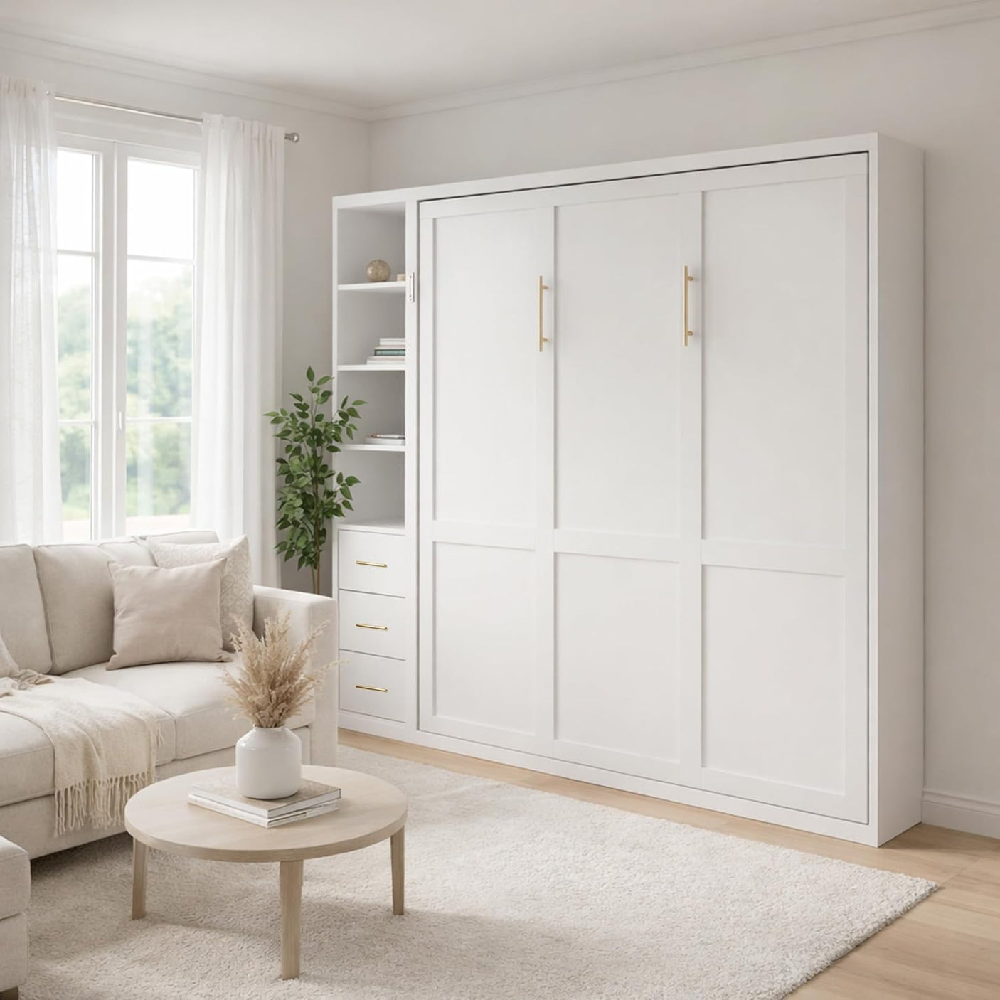 Queen Murphy Bed with Side Storage Cabinet & Bookshelf | Space-Saving Wall Bed | Yechen Home