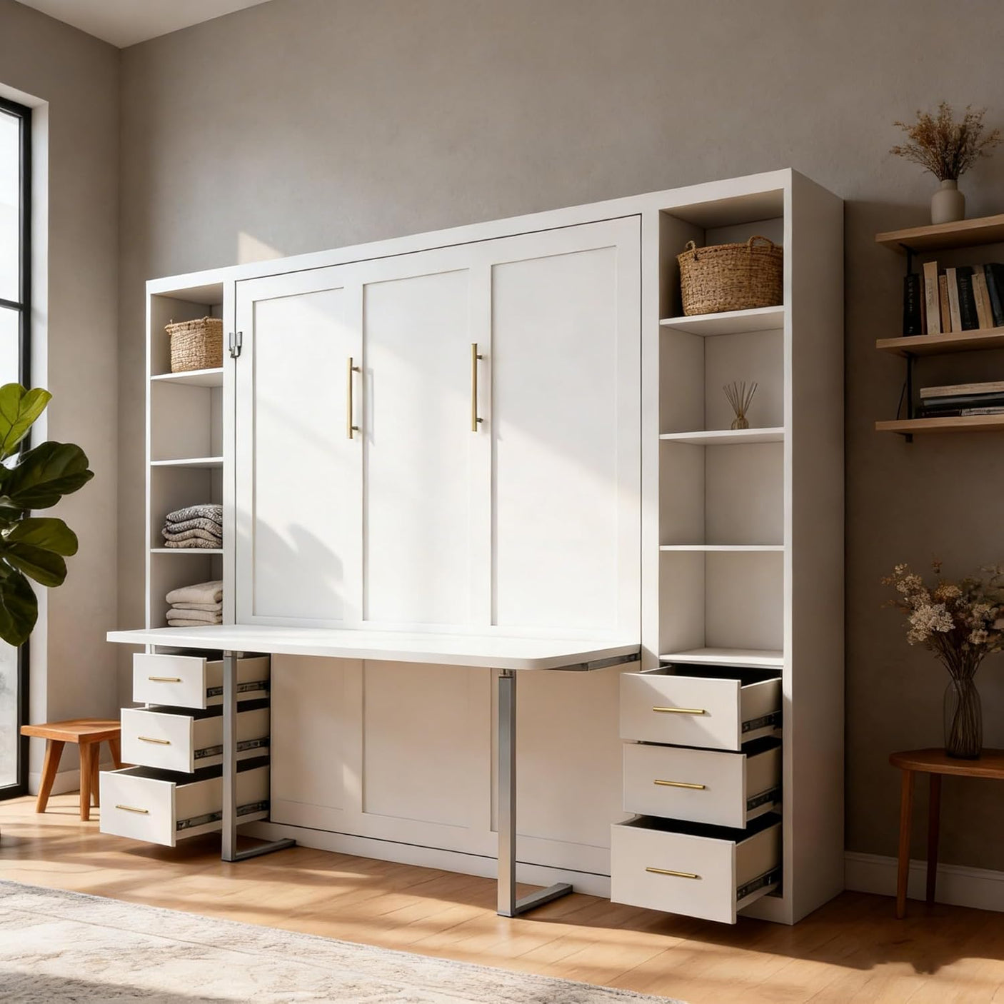 Queen Size Murphy Bed with Bilateral Cabinets & Storage Drawers | Space-Saving Wall Bed | Yechen Home