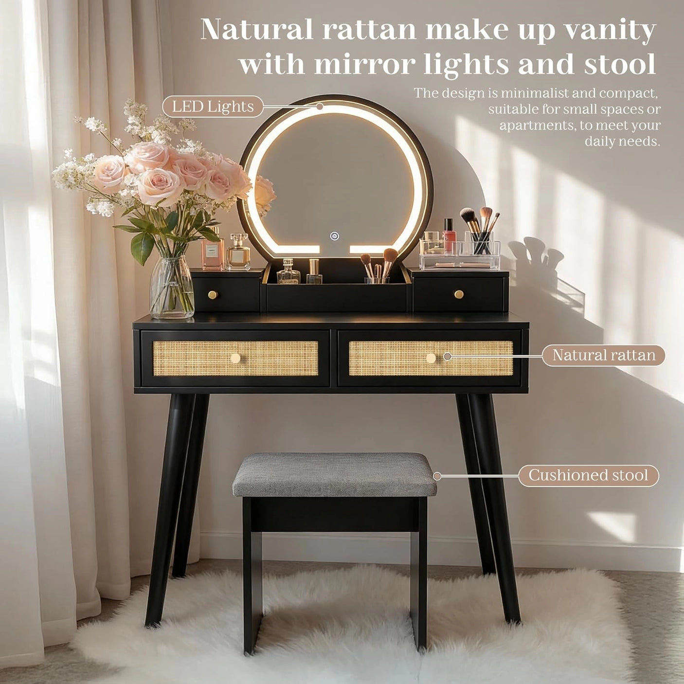 30" Vintage Makeup Vanity Table Set with Flip-Top Mirror & Rattan Drawers, Compact Dressing Table with Padded Stool