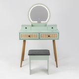 30" Vintage Makeup Vanity Table Set with Flip-Top Mirror & Rattan Drawers, Compact Dressing Table with Padded Stool