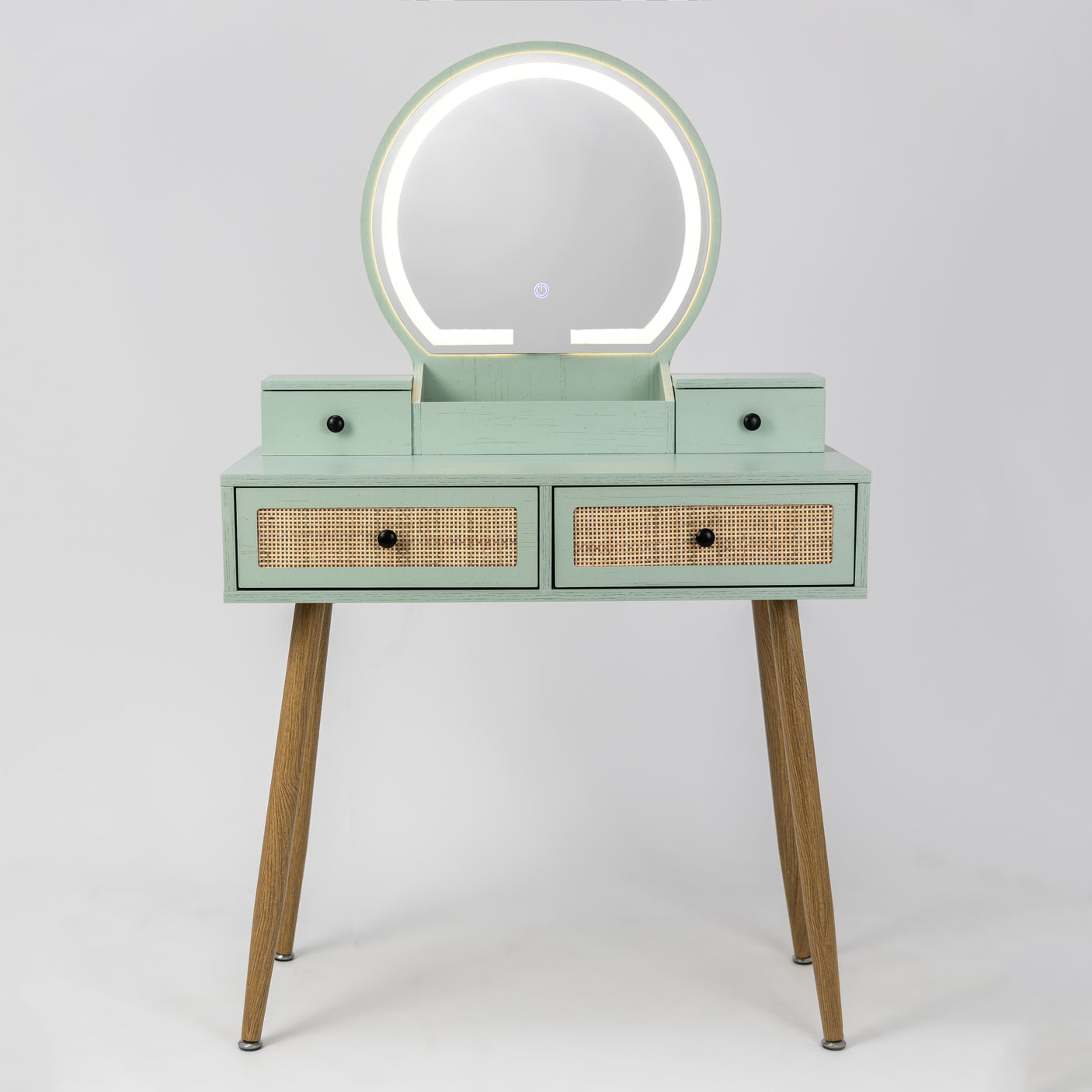 30" Vintage Makeup Vanity Table Set with Flip-Top Mirror & Rattan Drawers, Compact Dressing Table with Padded Stool