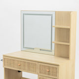 30" Vintage Makeup Vanity Table Set with Flip-Top Mirror & Rattan Drawers, Compact Dressing Table with Padded Stool