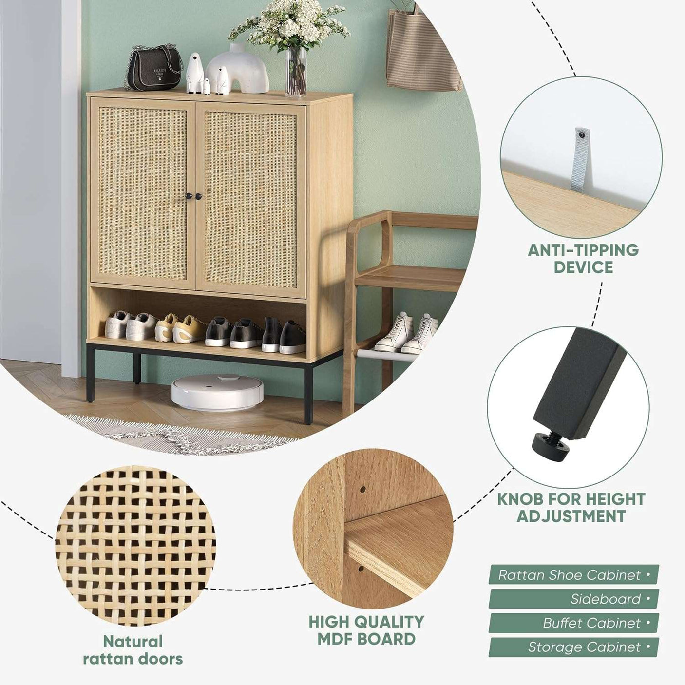 5-Tier Natural Rattan Entryway Shoe Storage Cabinet with Doors