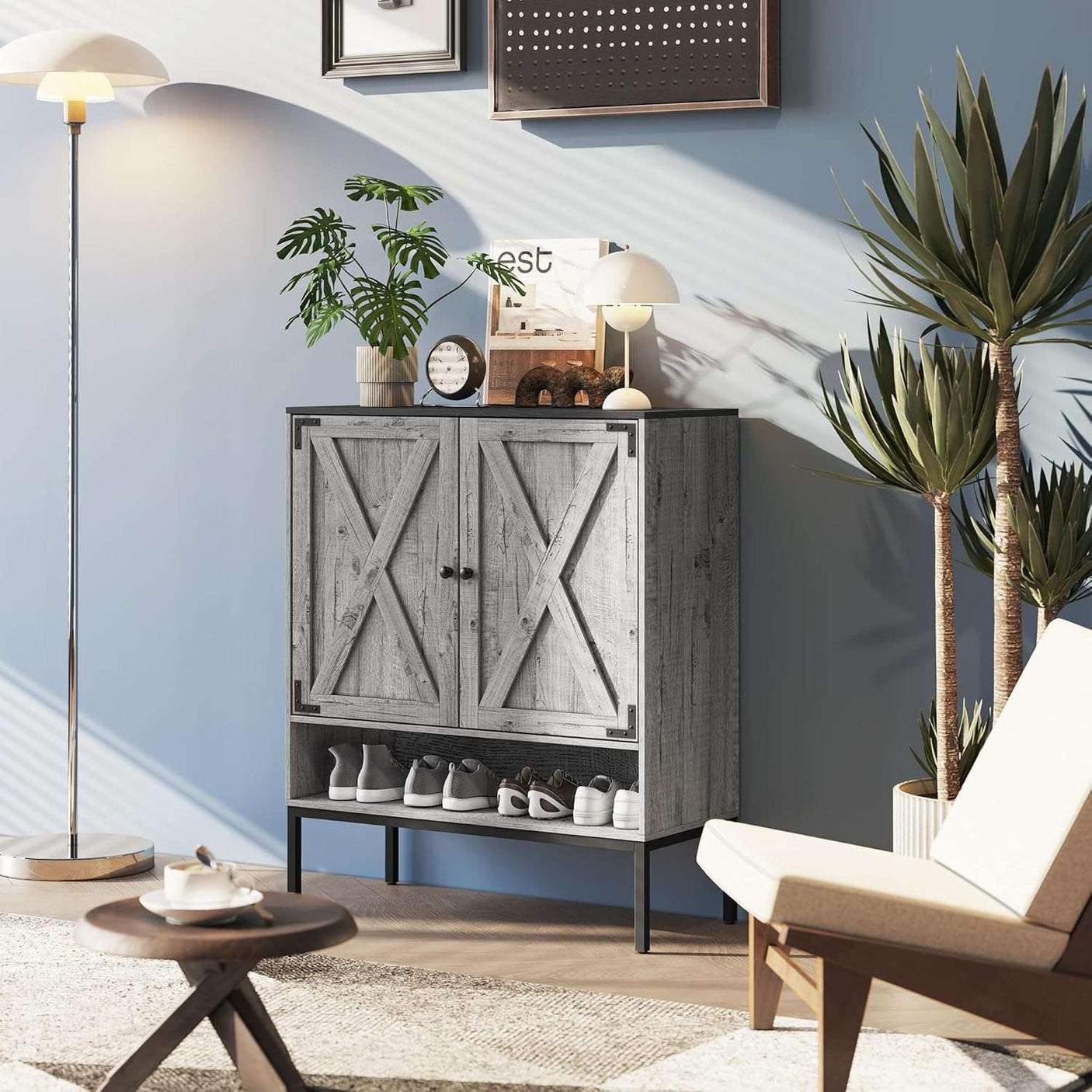 5-Tier Natural Rattan Entryway Shoe Storage Cabinet with Doors