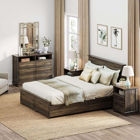Farmhouse Queen Size Bed Frame with 4 Storage Drawers