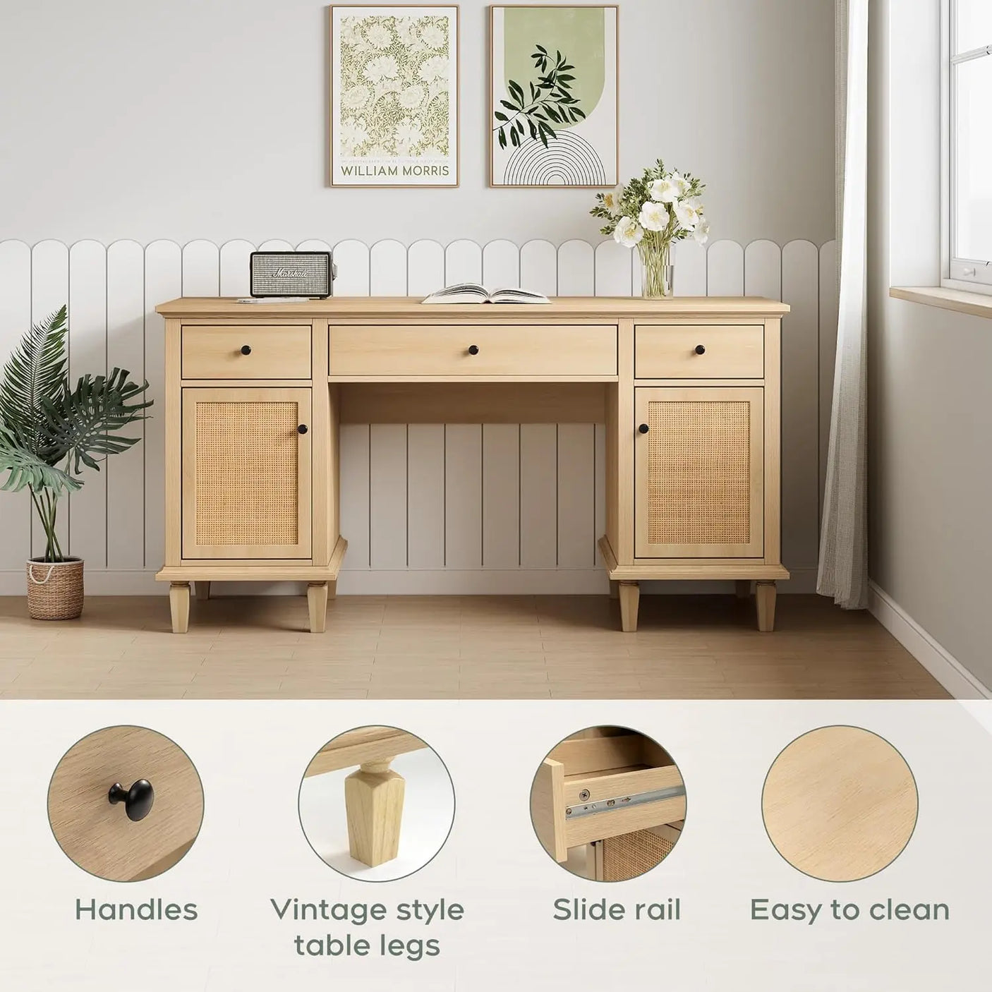 58" Modern Boho Rattan Door Executive Desk