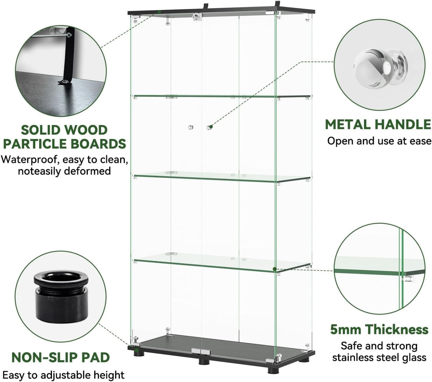 YECHEN Glass Display Cabinet with 5-Shelf | Tempered Glass Curio Cabinet with Lock, Double Doors & Anti-Topple Device