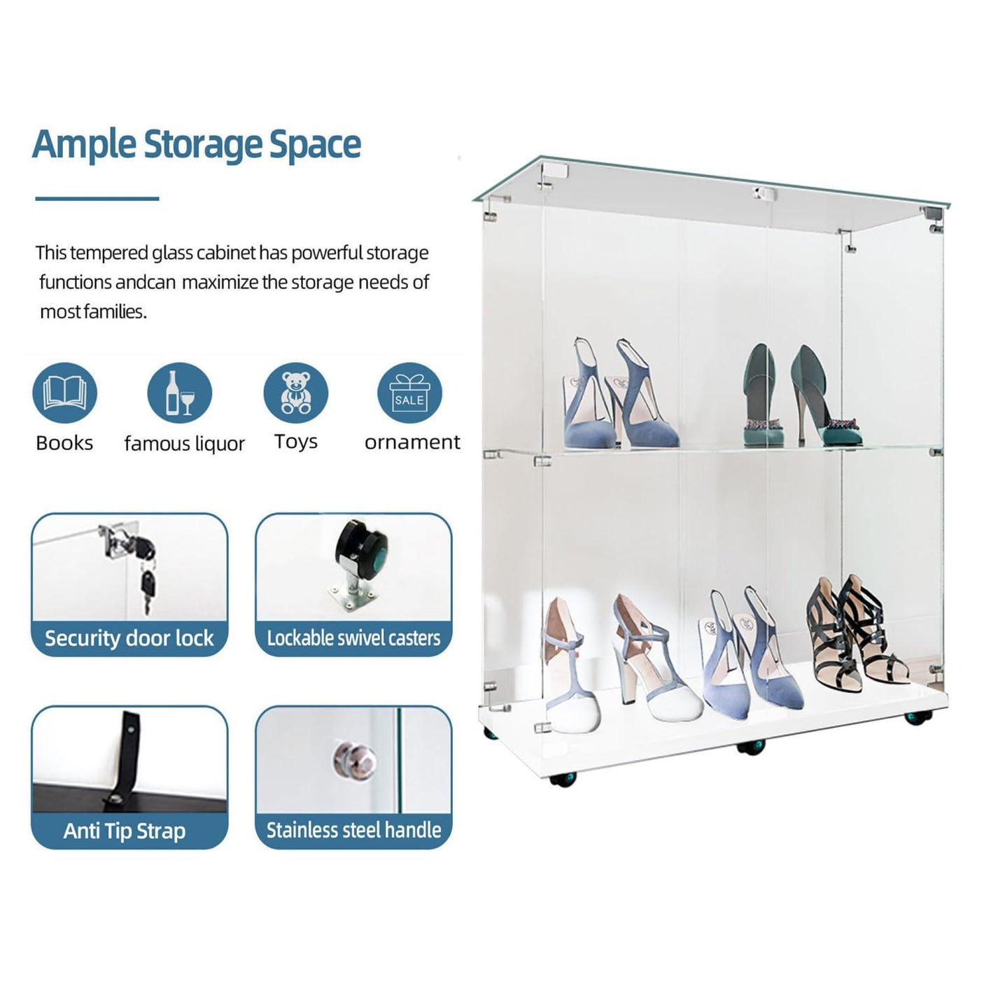 2-Tier Tempered Glass Display Cabinet with Bluetooth LED Light | Music Sync, Motion Sensor & Lockable Casters